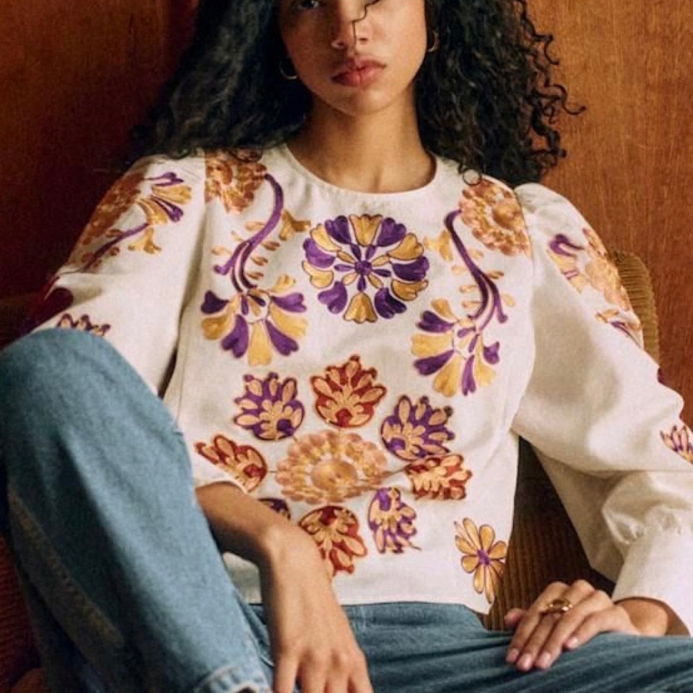 Sézane Jorden Blouse in Ecru Multicolored Embroidery Cotton Linen Blend SZ 42